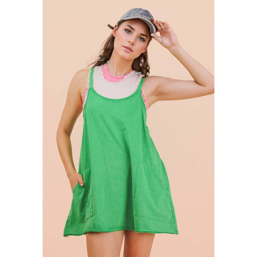 Very J Mineral Washed Green Cotton Romper Mini Dress Small